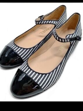 CHANEL Black and White Striped Patent Toe Mary Jane Flats